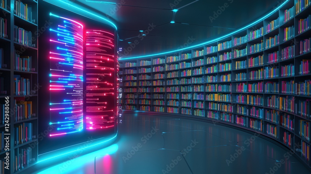 Poster a futuristic library with ar/vr book interfaces