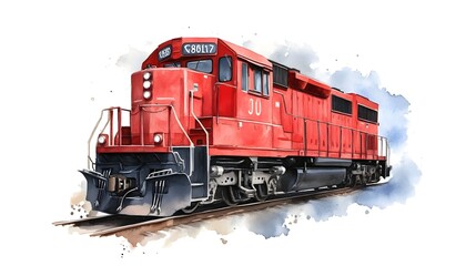 Obraz premium A Majestic Red Locomotive, Watercolor Style, Rolling on Tracks