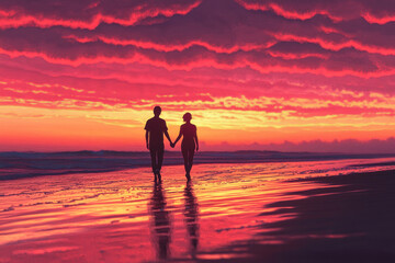 Fototapeta premium Couple enjoys a romantic sunset walk along the beach, creating lasting memories in the warm glow of the evening sky