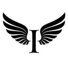 Fototapeta premium Winged Letter I Black Logo Design, Black letter I with symmetrical wings, forming a sleek and modern logo. Ideal for branding, aviation, business, sports, or creative identity. 
