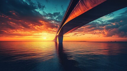 Sunset over ocean seen from beneath a modern coastal bridge with vibrant colors reflecting on the water near rocky cliffs