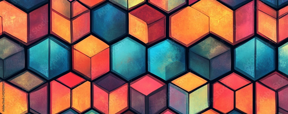 Poster colorful abstract geometric pattern with hexagons and cubes forming a three dimensional wall