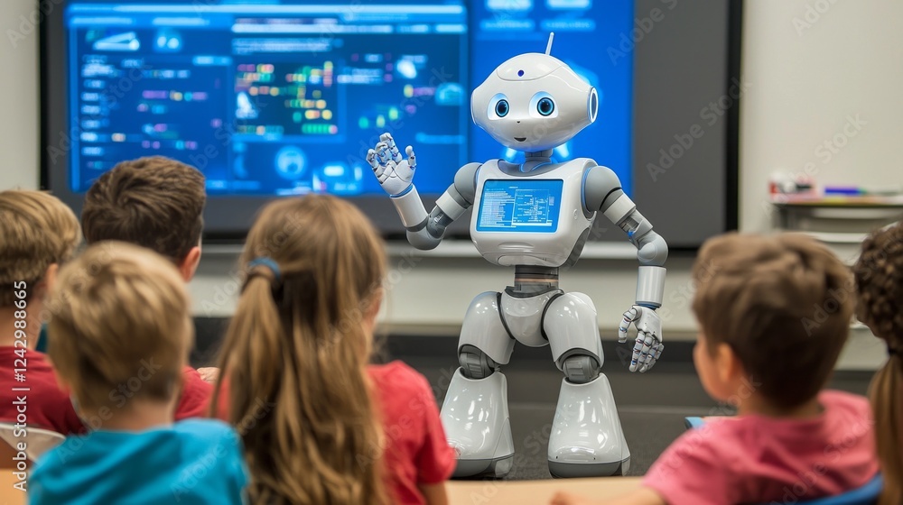 Aufkleber In an innovative classroom, a friendly robot demonstrates coding concepts to an eager group of children, promoting curiosity and enhancing learning experiences in technology