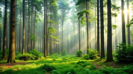 Obraz premium Serene forest landscape with tall trees, lush greenery, and a misty atmosphere creating a sense of tranquility, forest landscape, misty, forest, outdoor scene, nature