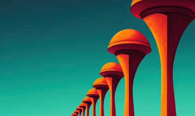 Explore Futuristic Architectural Elegance Through Bold Symmetrical Red Columns Against Vibrant Turquoise Sky in Captivating Artistic Perspective