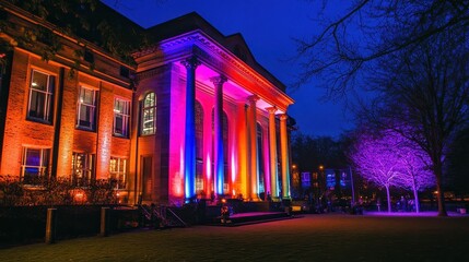 Fototapeta premium Colorful lights illuminate historic building at night during local festival in urban area