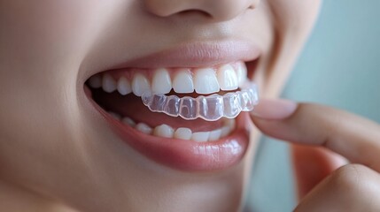 Obraz premium Woman smiling, inserting clear aligners, teeth whitening, healthcare background