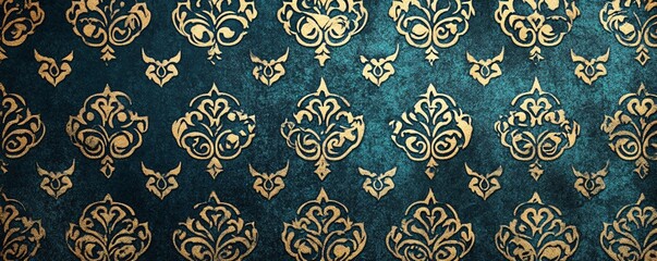Seamless luxury damask pattern repeating over teal blue background