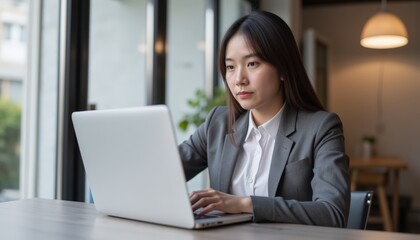 Global Freedom Through the Digital Nomad Life Concept. Focused Businesswoman in Professional Attire Working on Laptop