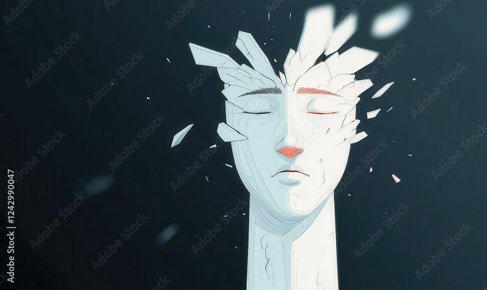 Poster surreal depiction of a fragmented mind expressing calm amidst chaos in an abstract art form