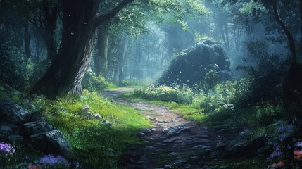 Nature trail illuminated by golden sunlight through tall trees in a serene forest during the early morning hours