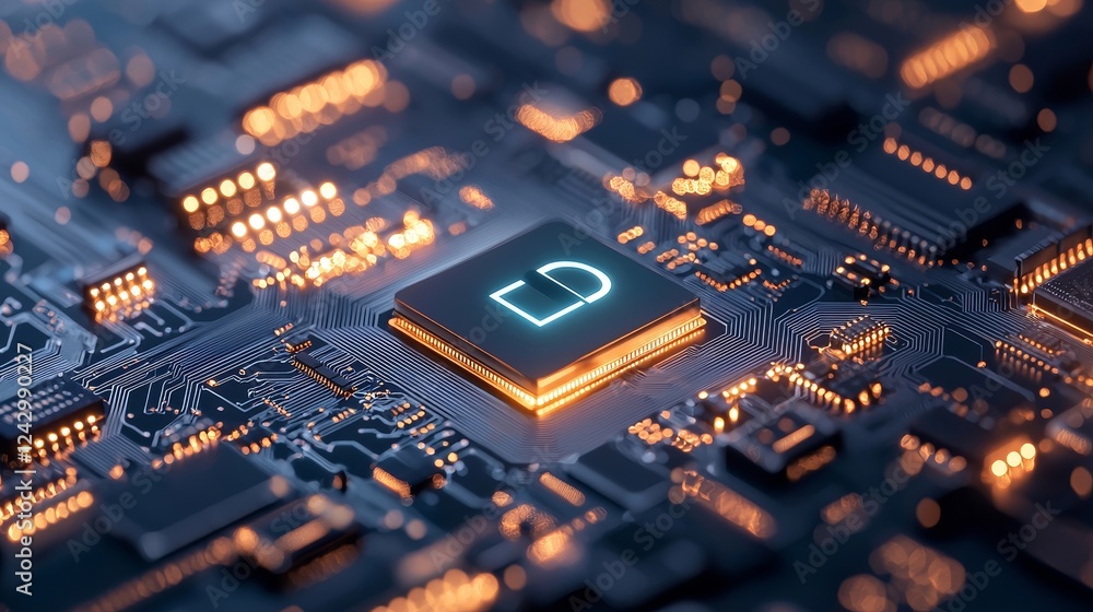 Poster blue light illuminated horizontal lock on an electronic circuit, representing cyber security and dat
