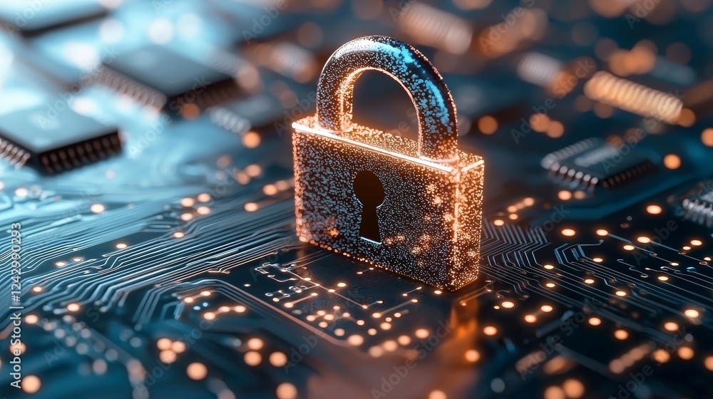 Aufkleber a horizontal lock with blue light on an electronic circuit, illustrating cyber security, data protec