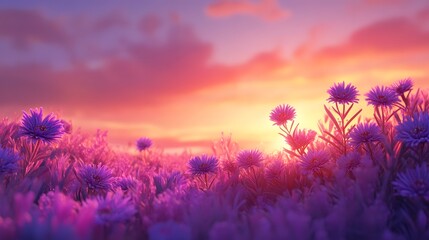 Naklejka premium Purple Flowers Sunset Field Vibrant Colors Nature Scene
