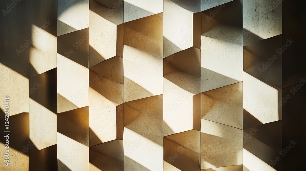 Poster shadows create abstract patterns on a modern concrete wall in a well-lit interior space during the a