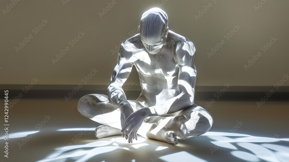 Poster sculpture of a seated figure illuminated by intricate light patterns in a modern gallery space conve