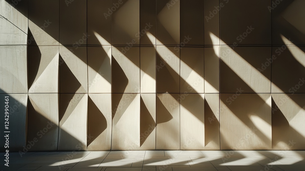 Poster shadows create abstract patterns on a modern concrete wall in a well-lit interior space during the a
