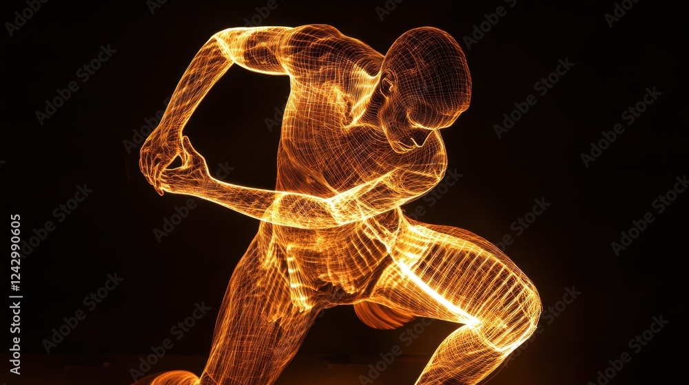 Poster sculpture of a seated figure illuminated by intricate light patterns in a modern gallery space conve