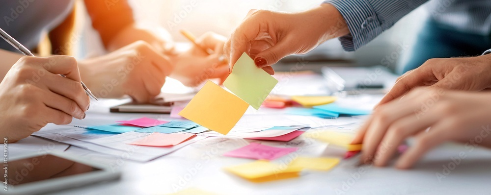 Poster successful project management concept. collaborative brainstorming session with sticky notes