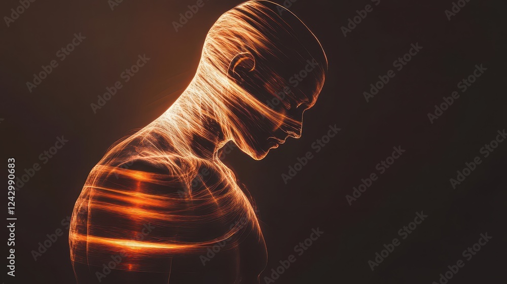 Poster sculpture of a seated figure illuminated by intricate light patterns in a modern gallery space conve