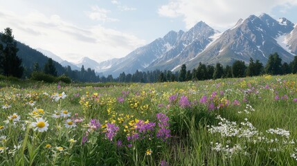 Obraz premium Vibrant Wildflower Meadow Against Snow Capped Mountains