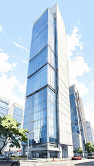 Sketch of a Blue Urban Building with One Point Perspective Eye Level View in Architectural Design Exterior Design Inspiration