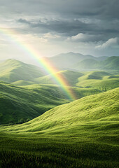 Obraz premium Rainbow over rolling green hills and mountains. 