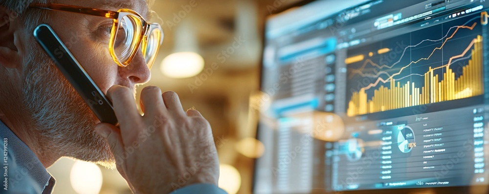 Aufkleber successful project management concept. businessman analyzing data trends on computer screen