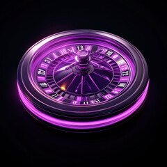 vibrant 3D illustration of purple roulette wheel glowing against dark background, showcasing cartoon style with neon accents