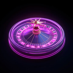 vibrant 3D illustration of glowing purple roulette wheel in cartoon style, set against dark background, showcasing lively casino atmosphere