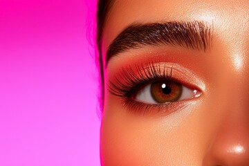 A close-up of a beautifully made-up eye featuring vibrant pink eyeshadow and long lashes, set against a bright pink background, highlighting the eye"s natural allure.