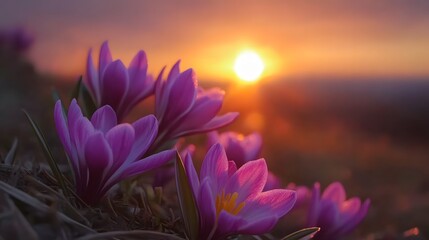 Purple Crocus Flowers Blooming at Sunset