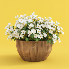 White flowers in wooden basket on yellow spring background 3D Rendering