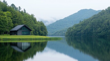 Fototapeta premium Modern cabin lake mountain reflection serenity escape