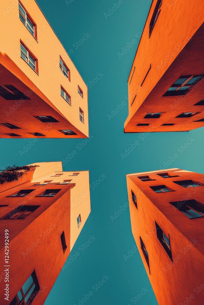 Poster exploring geometric perspectives in urban architecture through vibrant building facades and dynamic 
