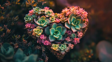Succulent plants crafted into a heart shape celebrating natures beauty and creativity