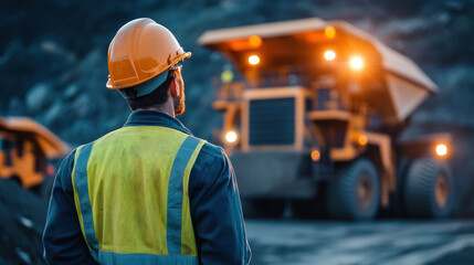 construction worker wearing safety vest and helmet observes large dump truck at mining site during dusk, highlighting industrial environment