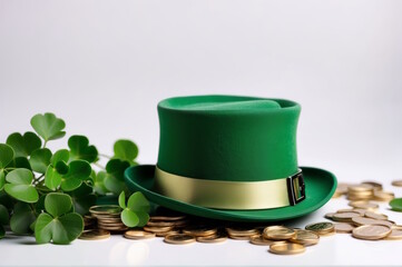 A leprechaun green hat lying on a table alongside a shamrocks and gold coins on white background, St. Patrick Day  card , copy space