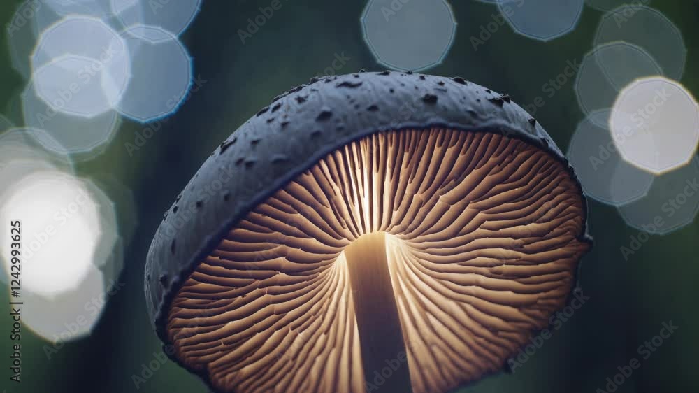 Poster a glowing mushroom underside with branching veins backlit by soft forest bokeh.