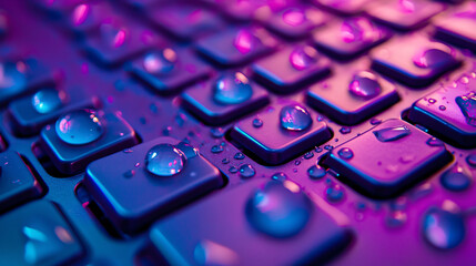 A close-up view reveals a purple and blue computer keyboard adorned with water droplets on its knobs.