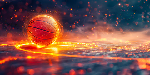 Basketball banner with basketball ball surrounded by fiery energy on dramatic court. Perfect for sports branding, basketball tournament promotions, dynamic posters, and high-intensity game visuals
