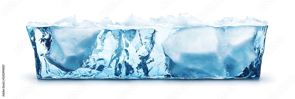 Poster a clear ice block with a smooth surface, showcasing its transparency and crystalline structure, set 