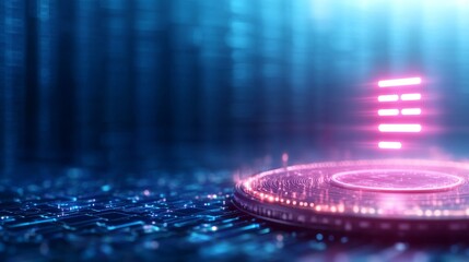 Glowing digital interface symbol on futuristic platform, data stream background; tech presentation
