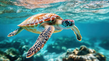 Fototapeta premium vibrant sea turtle gracefully swims through clear blue waters, showcasing its colorful shell and patterned flippers. sunlight filters through water, illuminating scene with serene glow