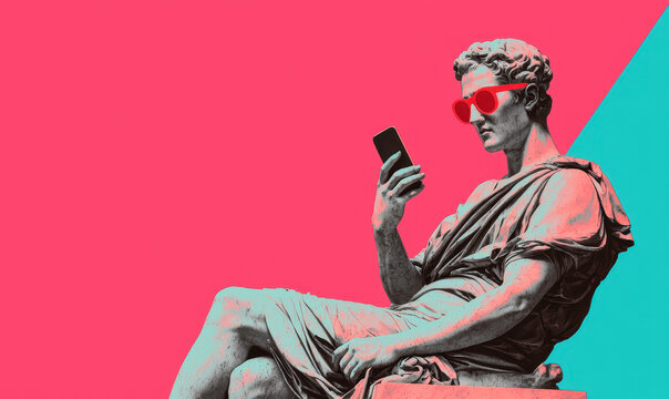Classical Meets Modern: Vibrant Pop Art of a Statue with Sunglasses and Smartphone on Bold Backdrop