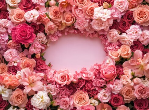 A lovely bunch of beautiful pink roses is neatly stacked on a table