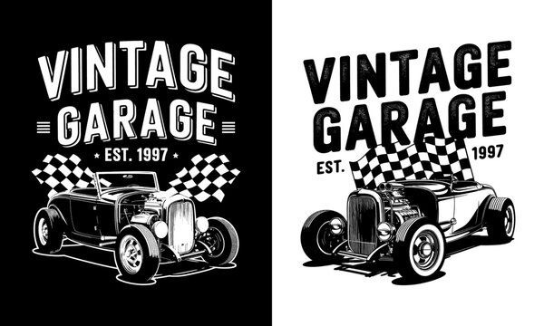 Celebrate the love for classic automobiles with our "Vintage Garage" T-shirt design! Established in 1997, this graphic features a classic car and racing flags, perfect for vintage car enthusiasts 