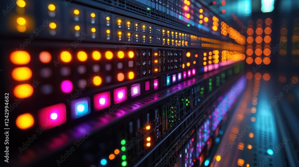 Poster close-up view of vibrant server lights in a data center, showcasing technology in action