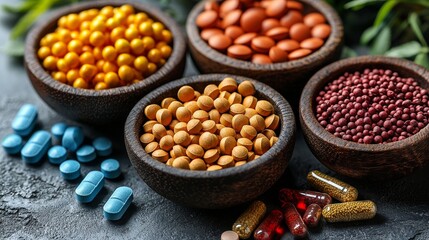 Top view showcasing a variety of nutritional supplements and natural ingredients