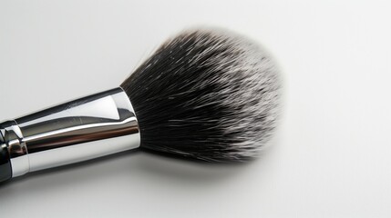 A high-quality makeup brush with soft bristles, isolated on a white background, showcasing its sleek handle and fine details with soft lighting highlighting its texture.